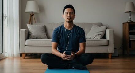 A man sits in meditation, listening to music through headphones, at home, displaying a peaceful and tranquil atmosphere.