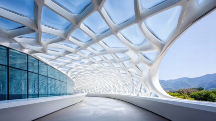Striking architectural design showcasing a modern building with an intricate glass ceiling and a unique structure.