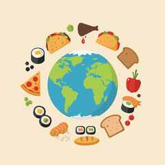 World cuisine vector illustration with global food diversity and international dishes.