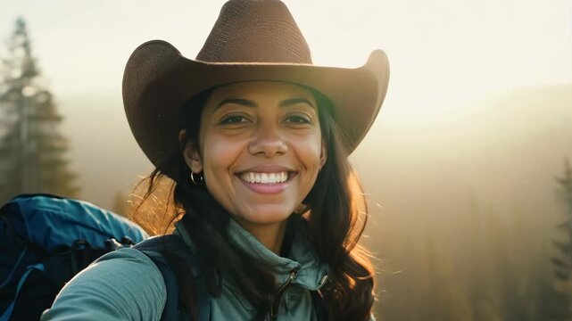 Young Native female hiker in a cowboy hat in a mountain forest looking at camera and smiling. A woman wearing a cowboy hat hikes through a dense forest in the mountains, embracing adventure.
