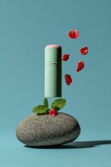 Mint green beauty product levitating above a stone, surrounded by pink rose petals