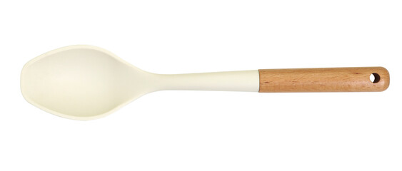 Minimalist kitchen ladle with white silicone head and wooden handle, isolated on transparent background