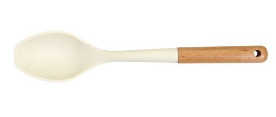 Minimalist kitchen ladle with white silicone head and wooden handle, isolated on transparent background