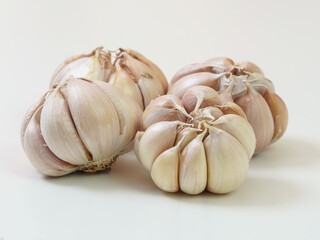 Four whole garlic bulbs placed on a white background