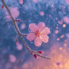 Delicate pink flower in winter, iced with frost and water droplets, softly falling snow, bokeh effect