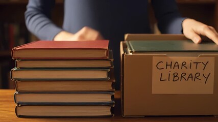 Individual with hands engaged in organizing books, placing them into a box labeled charity library, showcasing the process of donating books for community support and literacy initiatives
