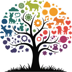 Colorful Tree of Life with Diverse Icons and Silhouettes