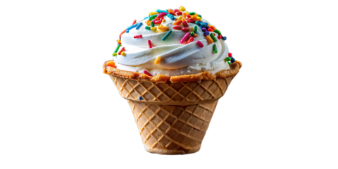 A close up shot of a waffle cone filled with soft serve ice cream and colorful candy sprinkles on top