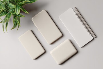 Four beige devices, including smartphones and tablets, arranged on a light gray surface. A potted plant is in the background