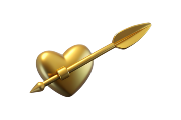 Golden heart pierced by arrow isolated on transparent background for love