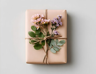 A beautifully wrapped gift box adorned with fresh flowers and greenery.