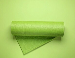 Obraz premium Single yoga mat rolled up on pastel green background, top view 