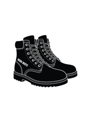 Black leather work boots with laces and buckle detail