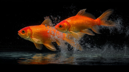 directional. A vibrant goldfish mid-leap, frozen in time against a dark aquatic backdrop with sparkling droplets. wildlife magazines.