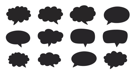 Collection of Black Speech Bubbles and Thought Bubbles in Various Shapes.