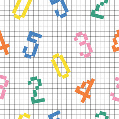 Colorful pixelated numbers on checked paper background. Seamless vector pattern.