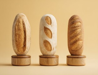 Three loaves of artisanal bread, each on a wooden pedestal,  against a pale beige backdrop.  Variations in crust and texture are visible