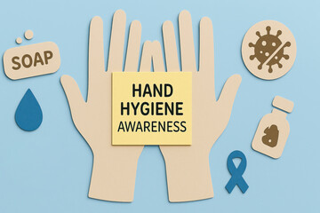 Hand hygiene awareness poster with paper cutout hands soap drop and sanitizer bottle promoting cleanliness and infection prevention calm blue background