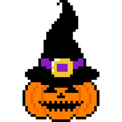 Fototapeta premium Halloween pumpkin with witch hat. Halloween clip art pixel art style 