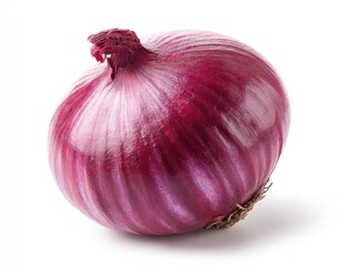 Single red onion, close-up.  A whole, round, vibrant red onion sits on a plain white background.  Deep red hues and white stripes create a distinct pattern on its exterior. 