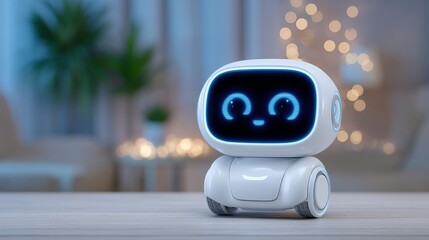 Cute robot companion on wheels with glowing face in living room image. Home automation, children robotics photography scene photorealistic. Adorable machine concept photo realistic