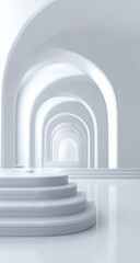 Abstract, minimalist architectural space featuring a series of arched hallways leading into a bright, white, tiered platform