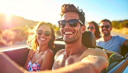Happy friends enjoying a carefree road trip in a convertible car, laughing and embracing adventure together on an open scenic road, capturing joyful moments and summer freedom
