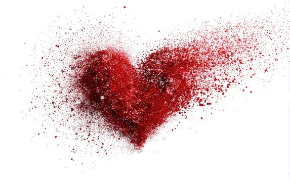 A red heart shape, appearing to explode or disintegrate into a cloud of red particles, against a plain white background.  The heart's form is still somewhat discernible amidst the scattered particles