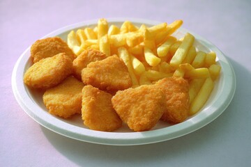 Crispy fried chicken nuggets and french fries on a white plate