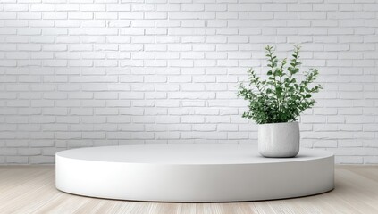 White circular podium, minimalist scene, brick wall, small plant