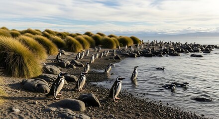 Penguins gather on a rocky beach with tall grass and a calm ocean under a cloudy sky.