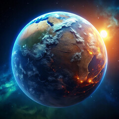 A glowing earth-like planet with oceans and fiery landscapes shining brightly in the cosmic void