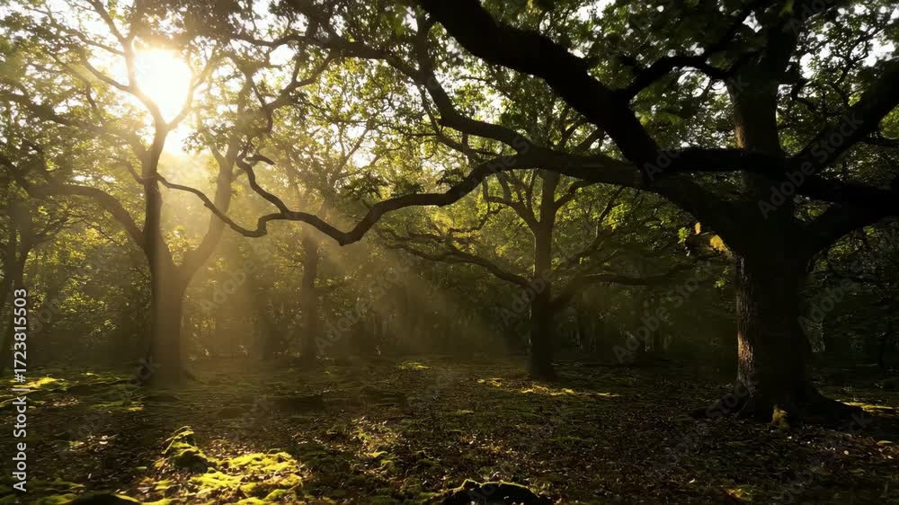 Sticker ethereal sunbeams pierce through a dense network of oak branches creating a mystical forest scene pe