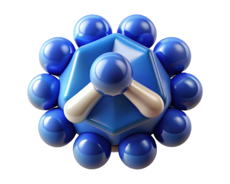 Abstract blue atom structure with spheres and nucleus design element 3d illustration isolated on transparent background