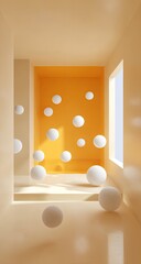 A minimalist, pastel-toned interior scene, featuring floating white spheres against an orange backdrop