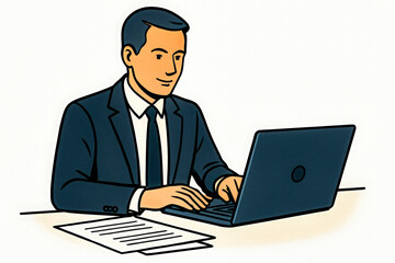 Horizontal vector illustration in corporate setting showing a businessman in a suit working on a laptop at a desk with documents, professional workplace concept for office teamwork 