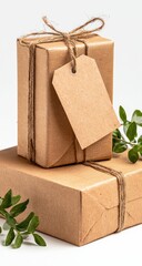 Two stacked kraft paper gift boxes, tied with twine, and a blank tag.  Small sprigs of greenery sit at the bottom