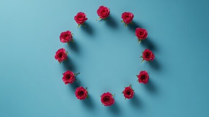 Obraz premium lay. Circular arrangement of vibrant roses against a blue background, top-down view. gardening catalogs, home-decor guides, designed for gardening and botanical catalogs, used by data analysts.