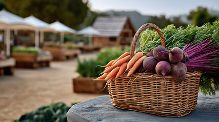 Wicker basket full of freshly harvested organic carrots and beets on stone table in garden. Fresh produce, healthy eating, sustainable farming