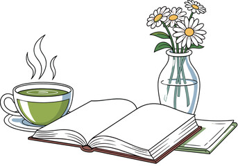 Cozy Green Tea Scene with Books and Flowers