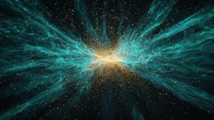 A cosmic scene with a bright explosion at the center, radiating gold and yellow particles,