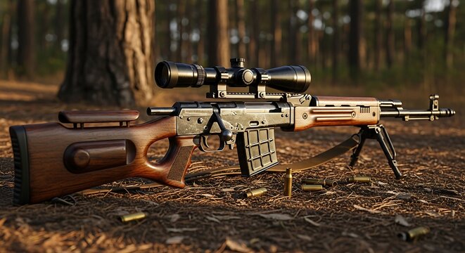 SVD Dragunov Sniper Rifle in Forest Setting.