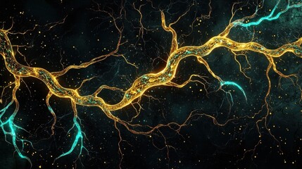 A dark abstract scene with glowing golden mitochondria forming a tree-like structure,