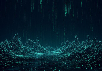 Abstract digital landscape featuring data streams and textured mountain formations in a futuristic environment.