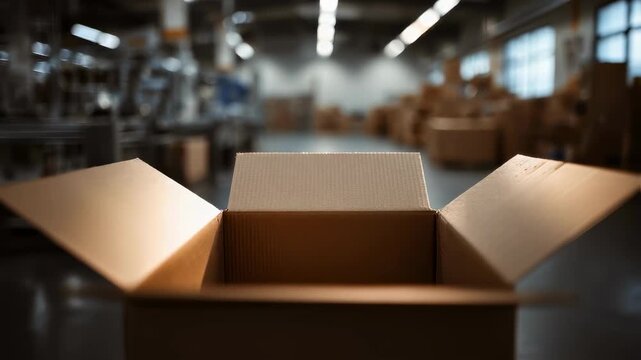 Medium shot of an open corrugated box filled with products focus on box structure with packing area softly blurred