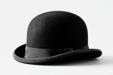 A black bowler hat sits on a white background