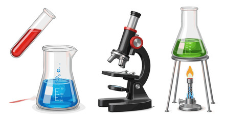 Illustration of scientific lab equipment including test tubes and microscope