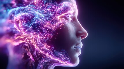 Obraz premium This image features a woman's face, interwoven with dynamic, glowing energy patterns of vibrant color.