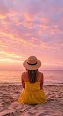 Fototapeta premium A serene woman in a yellow dress sits on a beach, contemplating the beautiful, pastel sunset hues.