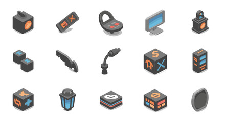 Isometric view of various objects including screens and cube displays